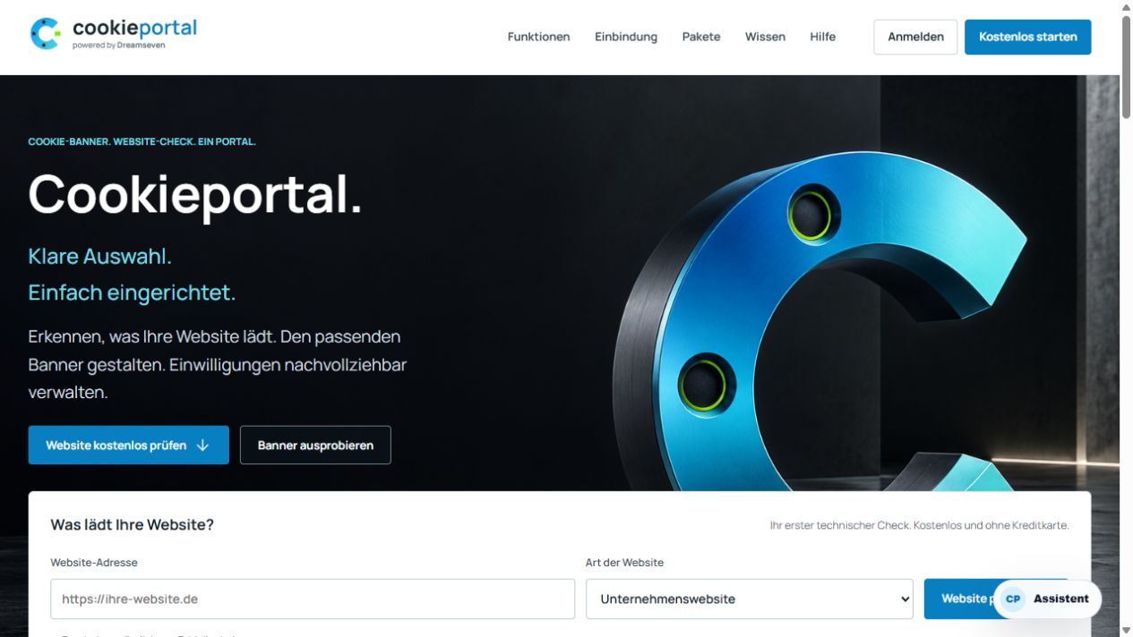 Cookieportal.de – öffentliche Startseite des Dreamseven-Portals für Cookie-Banner und Website-Checks