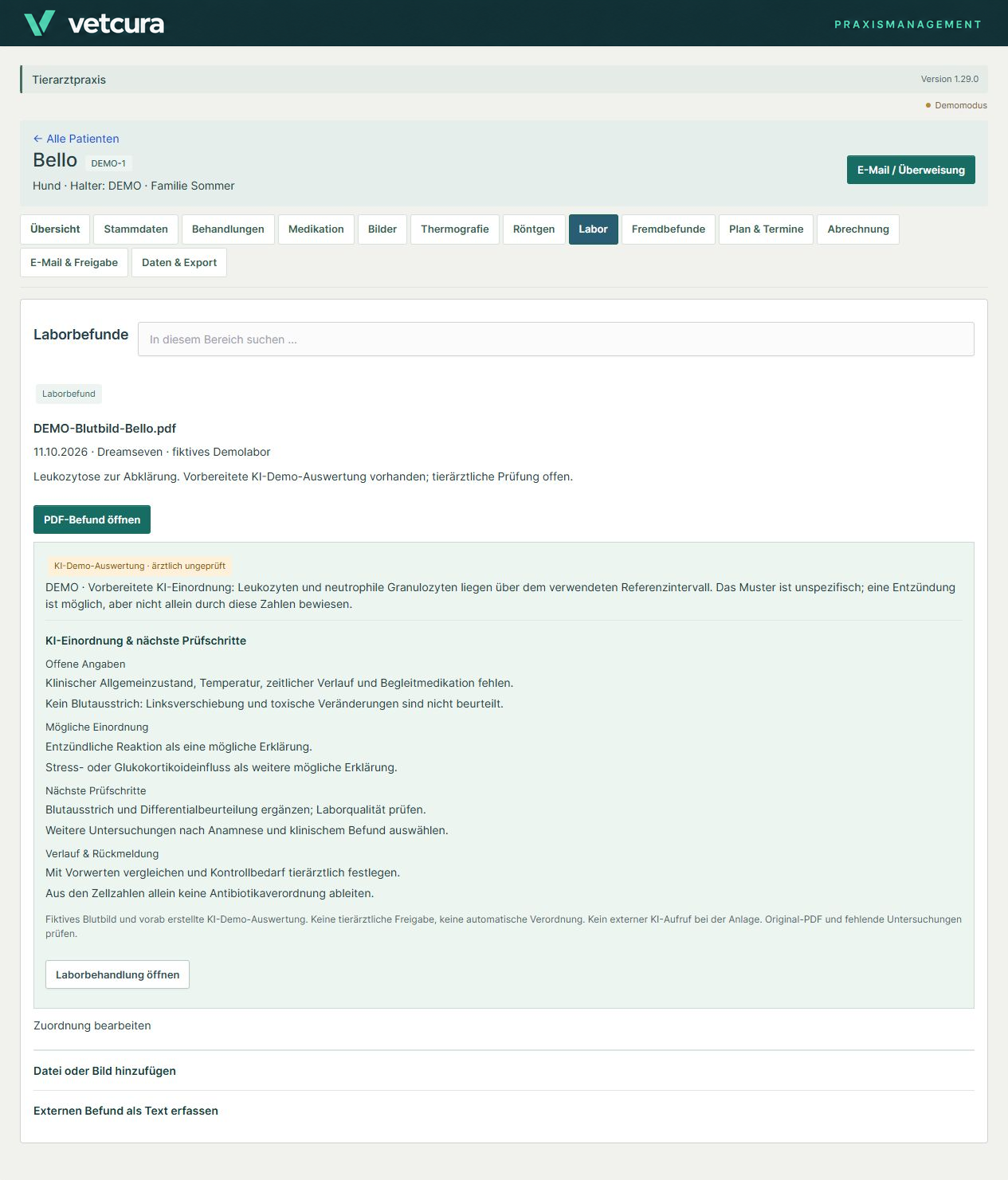 Vetcura: Labor & Befunde – echte Plugin-Demoansicht mit fiktiven Beispieldaten
