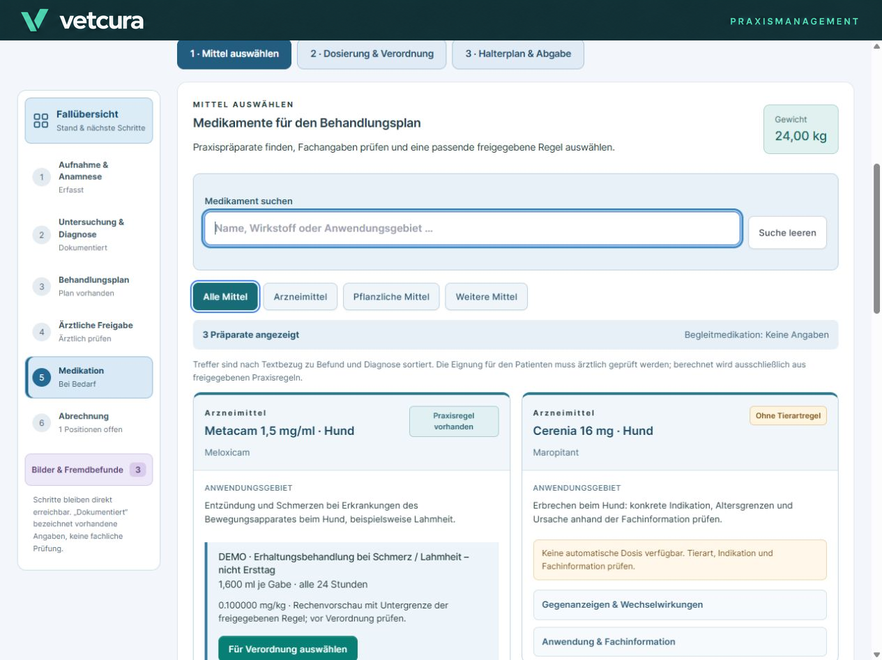 Vetcura: Medikamente – echte Plugin-Demoansicht mit fiktiven Beispieldaten