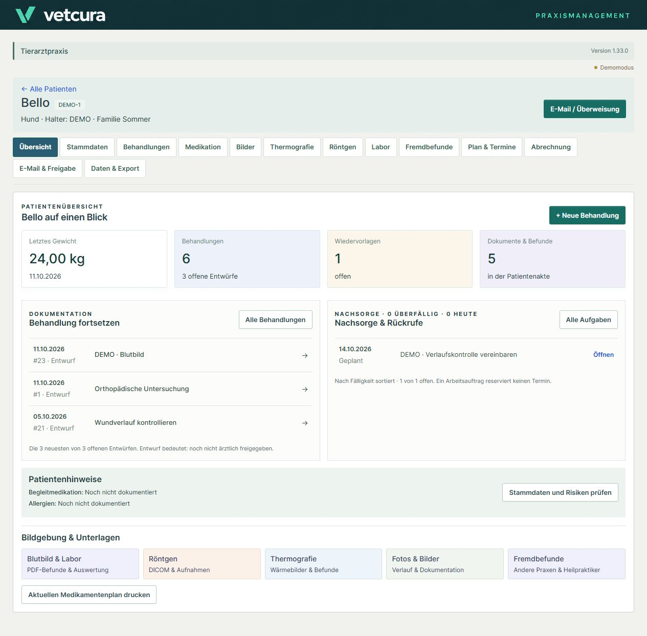 Vetcura: Patientenakte – echte Plugin-Demoansicht mit fiktiven Beispieldaten